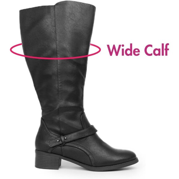 Hawkwell Women's Black Wide Calf Knee High Double Zipper Synthetic Riding Boots - Picture 4 of 6